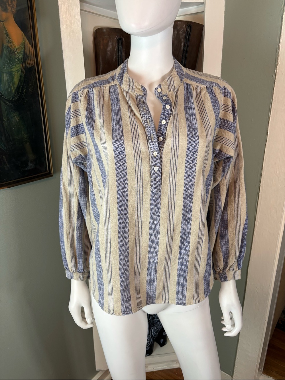 Valiente Blue Ecru Tan Striped Top Blouse Shirt Linen Blend Small S